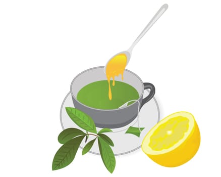 A cup of tea with a lemon, honey and a tea brunch leaves vector illustration on a white background