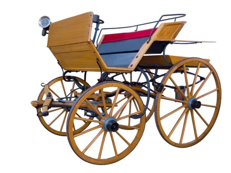 Overall view of an open historical carriage from the Passeier Valley anno 1795 in South Tyrol / Italy isolated on white in semi-side undersight