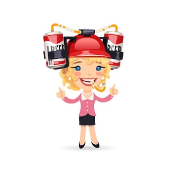 Office Girl with Red Beer Helmet on Her Head. Isolated on White Background. Clipping paths included in additional jpg format.