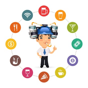 Manager with Blue Beer Helmet on His Head and Pub Icons Set. Isolated on White Background. Clipping paths included in additional jpg format.