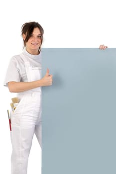 female painter with thumb up and copyspace