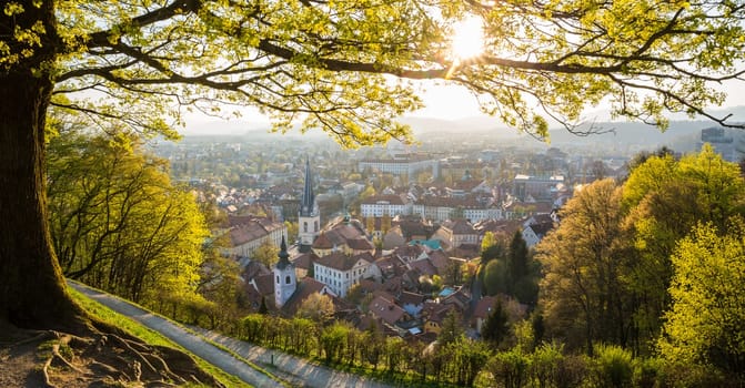 Panoramic view of Ljubljana, capital of Slovenia. Roooftops of Ljubljanas old medieval city center seen from Ljubljanas castle park at sunset.