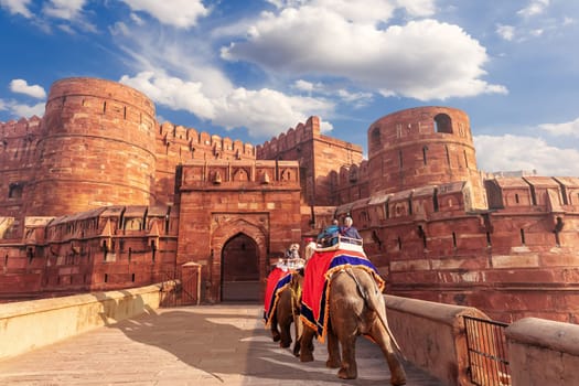 Agra Fort and elephants, view of India.