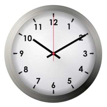 Analog metal wall clock isolated on white background.