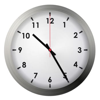 Analog metal wall clock isolated on white background.