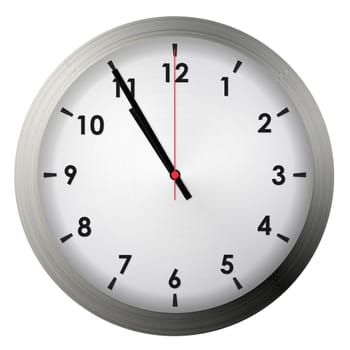Analog metal wall clock isolated on white background.