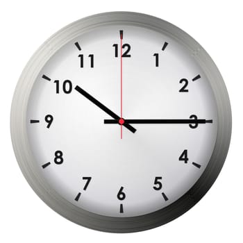 Analog metal wall clock isolated on white background.
