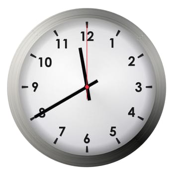 Analog metal wall clock isolated on white background.