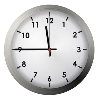 Analog metal wall clock isolated on white background.