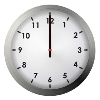 Analog metal wall clock isolated on white background.