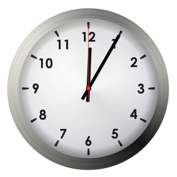 Analog metal wall clock isolated on white background.