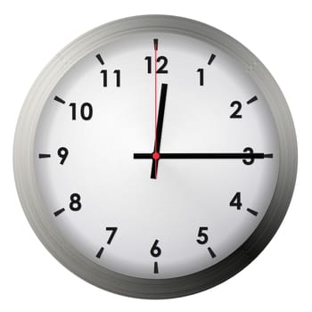 Analog metal wall clock isolated on white background.