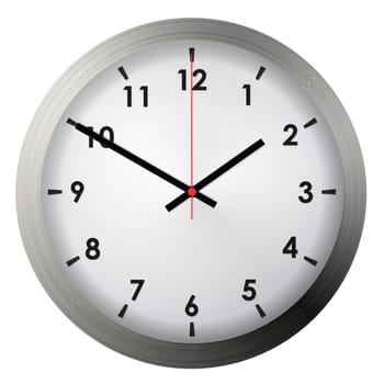 Analog metal wall clock isolated on white background.