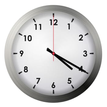 Analog metal wall clock isolated on white background.