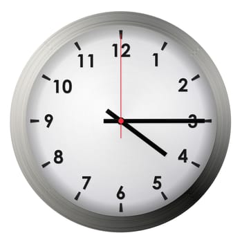 Analog metal wall clock isolated on white background.