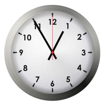 Analog metal wall clock isolated on white background.