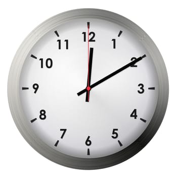 Analog metal wall clock isolated on white background.