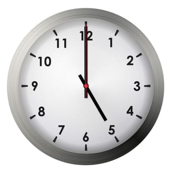 Analog metal wall clock isolated on white background.