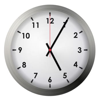 Analog metal wall clock isolated on white background.