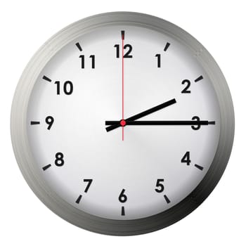 Analog metal wall clock isolated on white background.