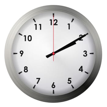 Analog metal wall clock isolated on white background.