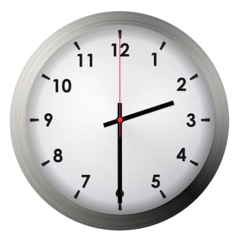 Analog metal wall clock isolated on white background.