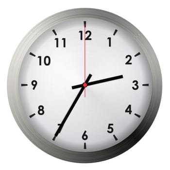 Analog metal wall clock isolated on white background.