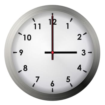 Analog metal wall clock isolated on white background.