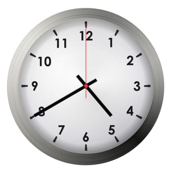 Analog metal wall clock isolated on white background.
