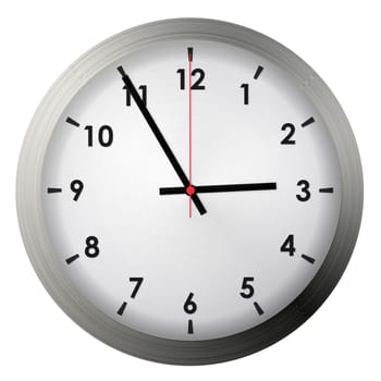 Analog metal wall clock isolated on white background.