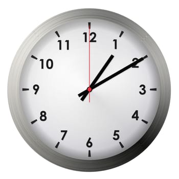 Analog metal wall clock isolated on white background.