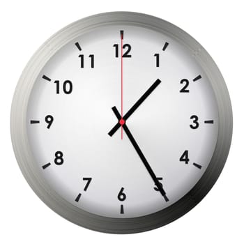 Analog metal wall clock isolated on white background.