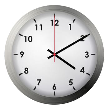 Analog metal wall clock isolated on white background.