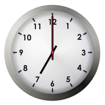 Analog metal wall clock isolated on white background.