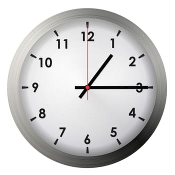 Analog metal wall clock isolated on white background.