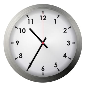 Analog metal wall clock isolated on white background.