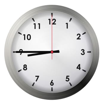 Analog metal wall clock isolated on white background.