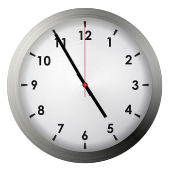Analog metal wall clock isolated on white background.