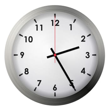 Analog metal wall clock isolated on white background.