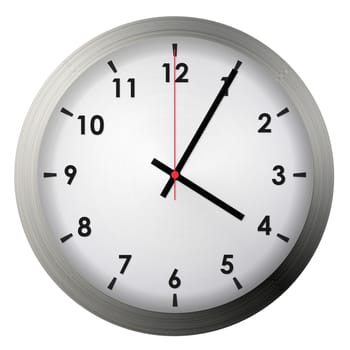 Analog metal wall clock isolated on white background.