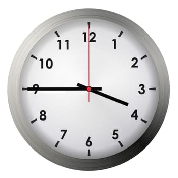 Analog metal wall clock isolated on white background.