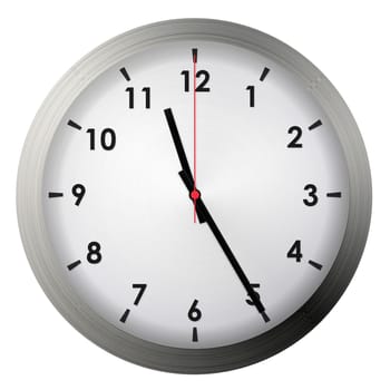 Analog metal wall clock isolated on white background.