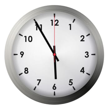 Analog metal wall clock isolated on white background.