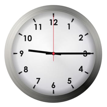 Analog metal wall clock isolated on white background.