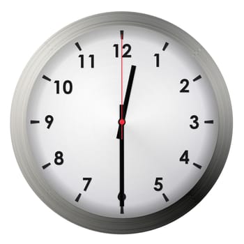 Analog metal wall clock isolated on white background.