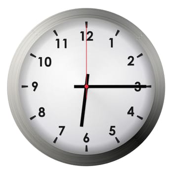 Analog metal wall clock isolated on white background.