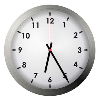 Analog metal wall clock isolated on white background.
