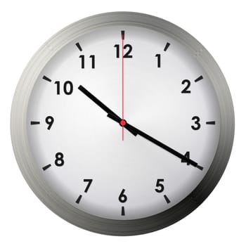 Analog metal wall clock isolated on white background.