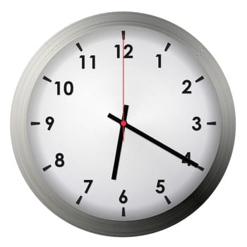 Analog metal wall clock isolated on white background.