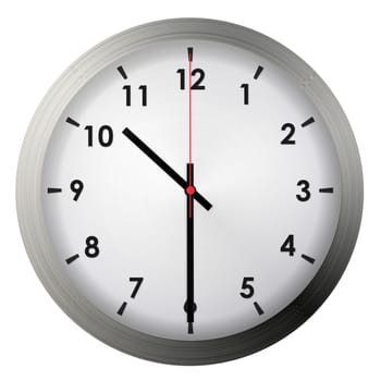 Analog metal wall clock isolated on white background.